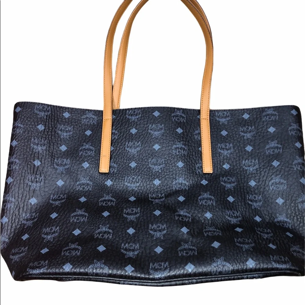 Black Patterned Tote Bag with Tan Handles